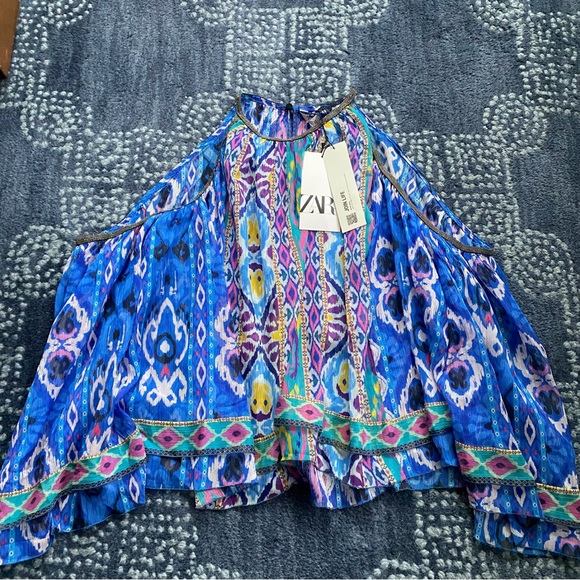 💙 ZARA BOHO BLUE MULTI ABSTRACT COLD SHOULDER LOOSE FIT CROPPED TOP! - Picture 8 of 16